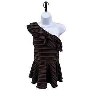 BOA John One Shoulder Blouse Womens L Brown/Black Ruffled Peplum Hem Striped Top